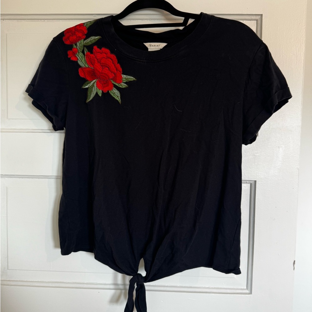 Black Red Embellished Tie-Front Crop Top